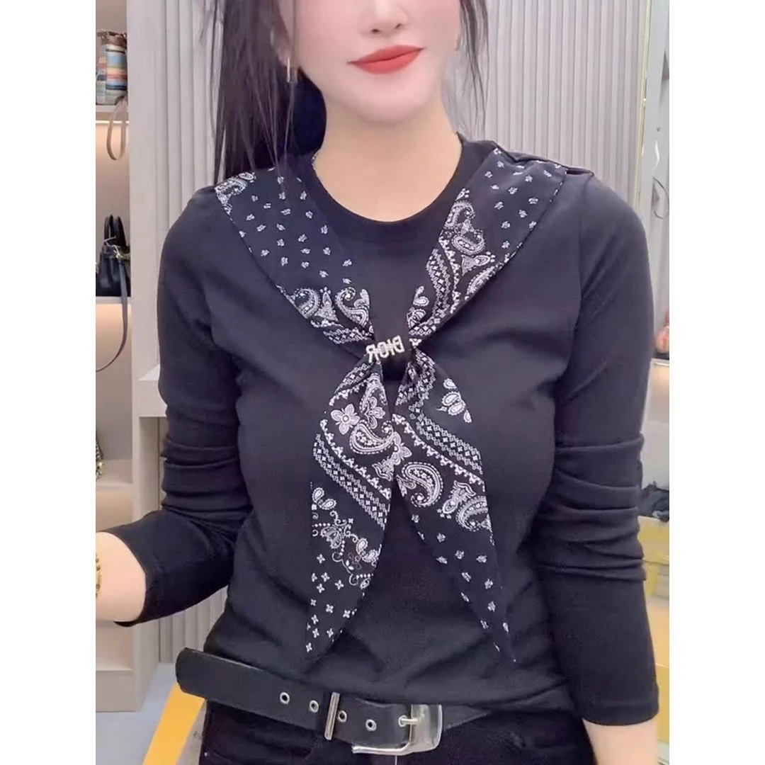 秋季新款大码女装时尚修身纯色丝带拼接系带圆领T恤