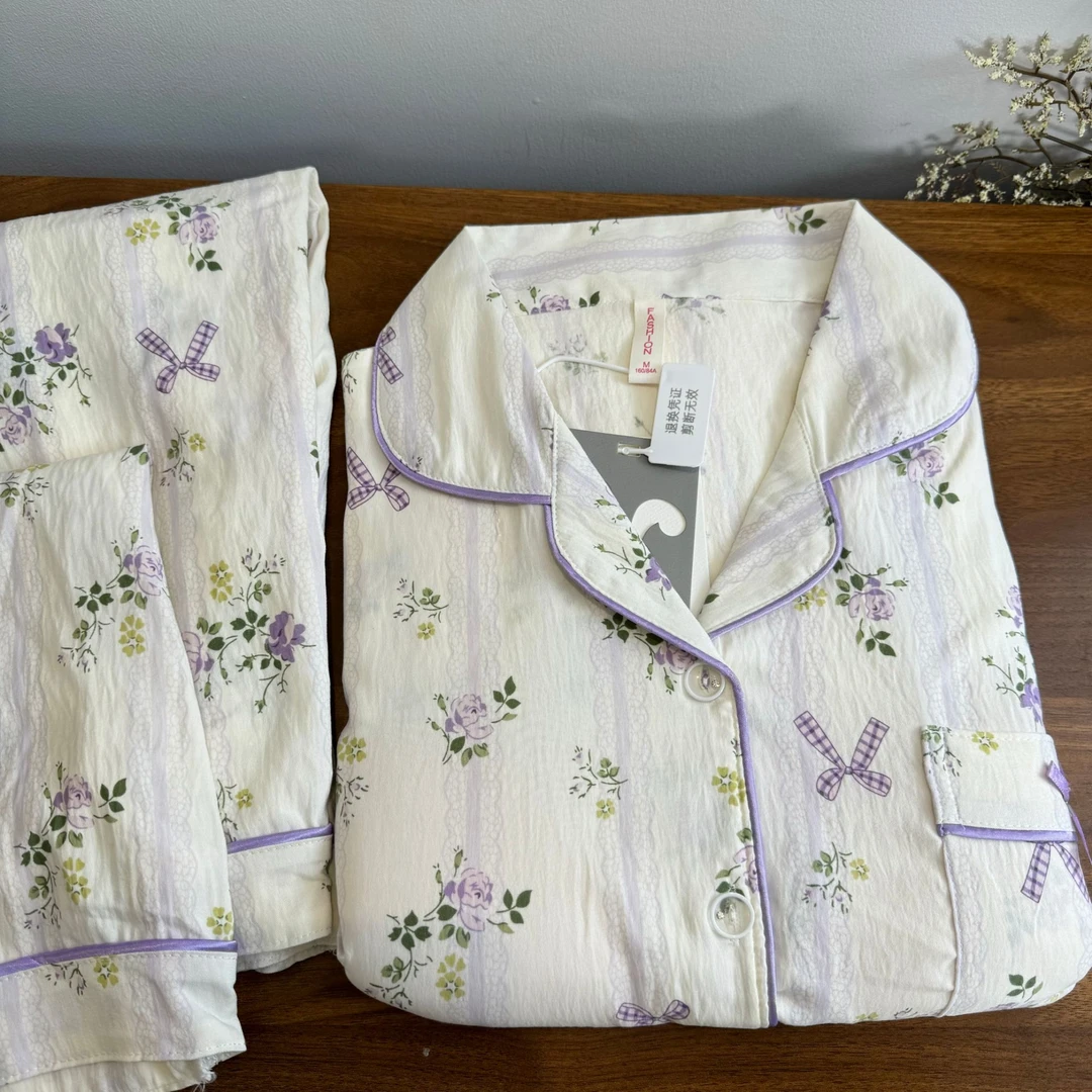 R501三件套夏季紫色蝴蝶结小碎花家居服带胸垫 短袖+短裤+长裤