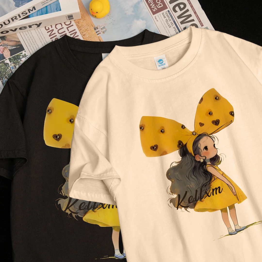 女童夏装纯棉短袖T恤2025新款中大童洋气夏季上衣女孩卡通宽松t恤