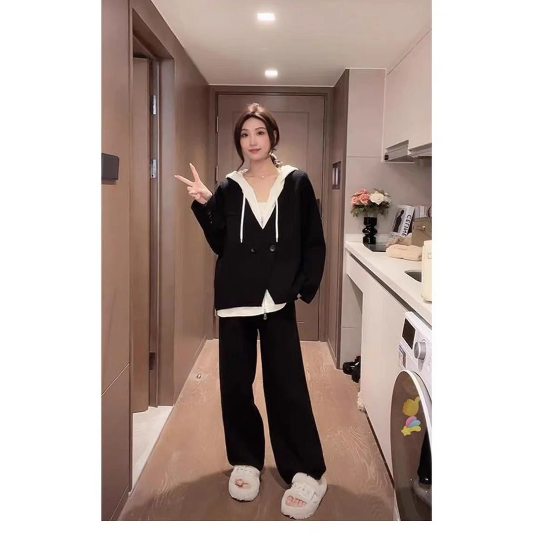 胖mm特大码300斤假两件连帽卫衣套装女春秋松紧腰阔腿长裤两件套2