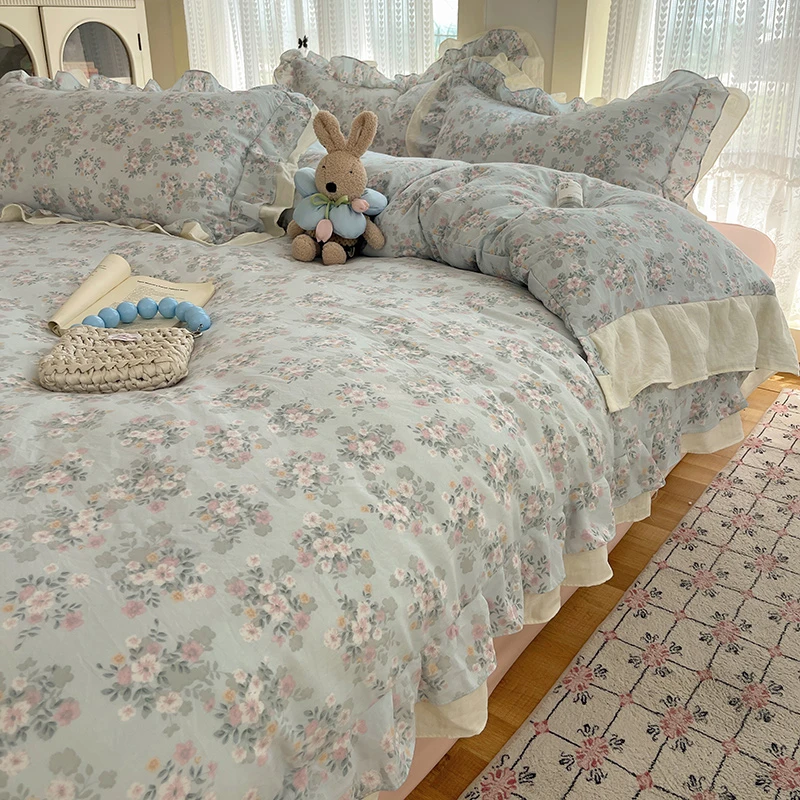 韩版双层纱云感皱皱纱双层花边四件套521织梦