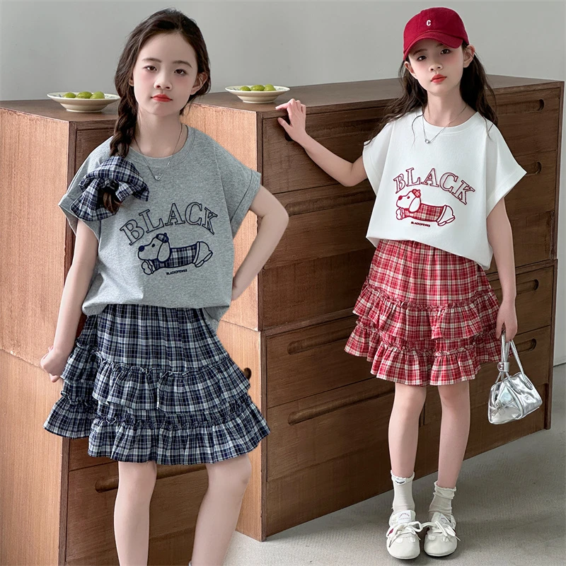 女童夏季美式复古套装2025新款儿童短袖t恤格子蛋糕半身裙两件套