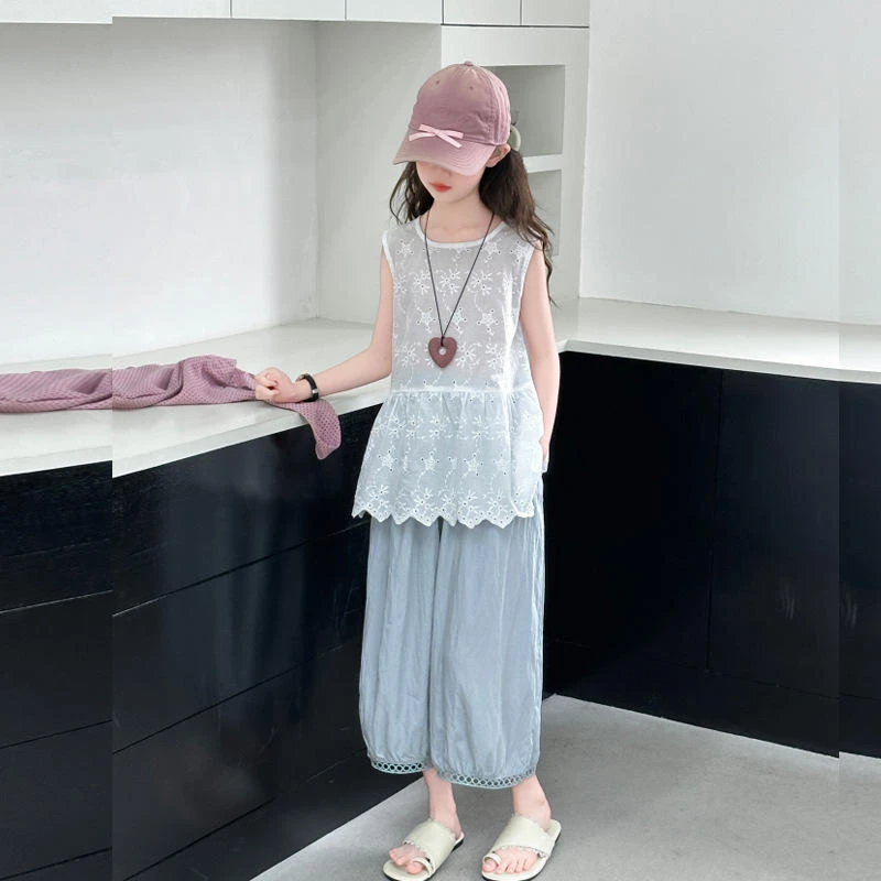 女童套装新款夏装中大童韩版洋气休闲提花无袖上衣灯笼裤两件套潮