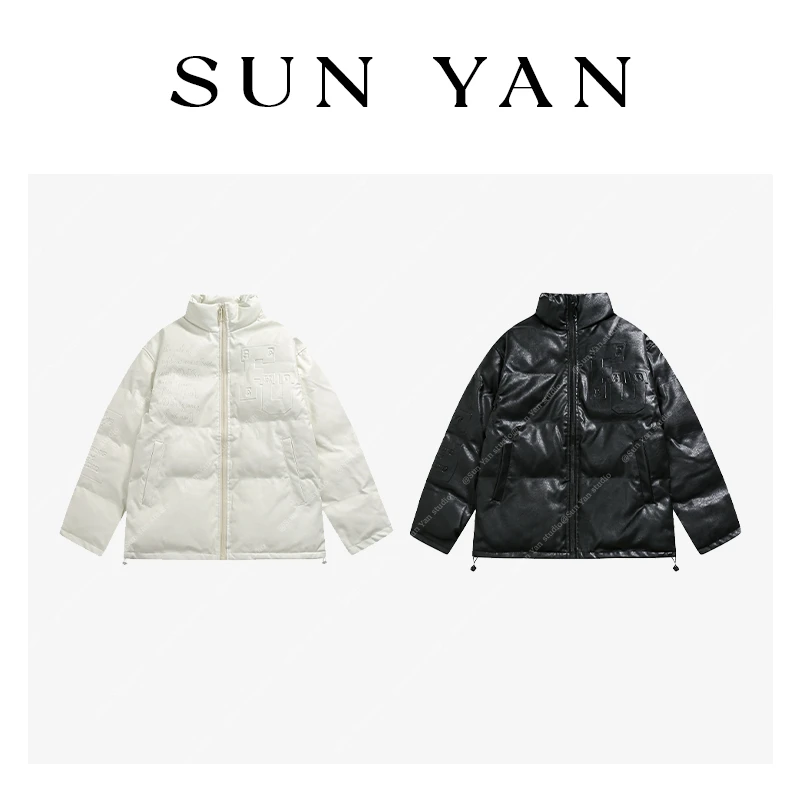 孙妍【暗影廓形】立领暗印大字母设计PU皮质感宽松短款棉服外套女