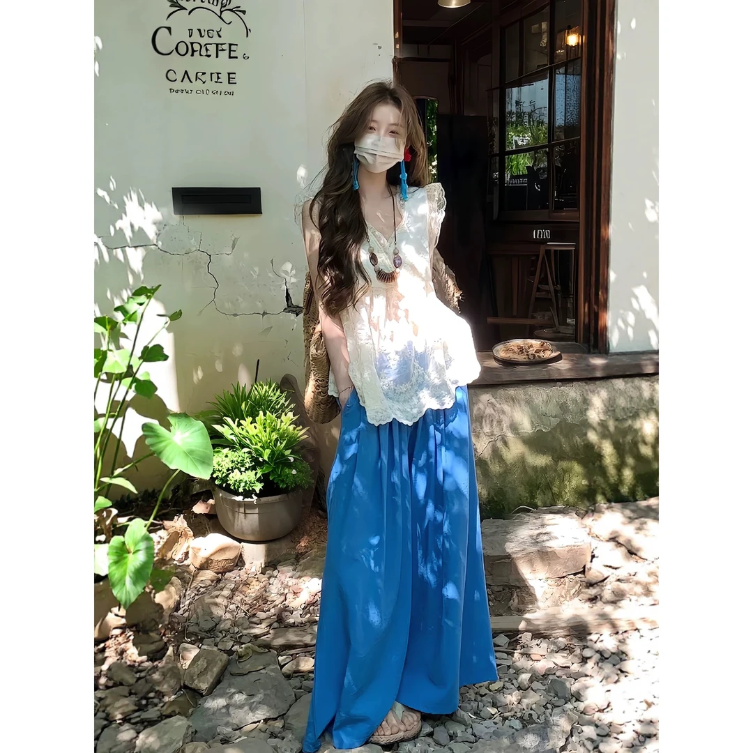 田园个性穿搭V领蕾丝边小飞袖微透上衣+阔腿休闲裤高级感小衫套装