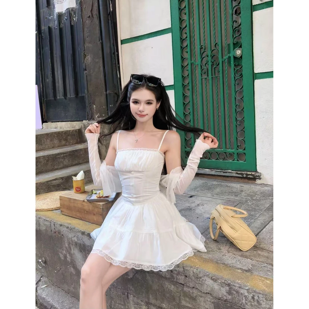 青青-画解WAHJU【小岛微风】氛围感收腰显瘦白色少女连衣裙9332W