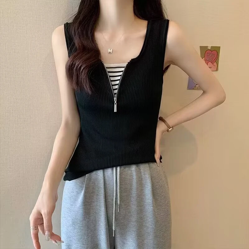 QILING/半开领吊带背心女2025夏季新款修身拉链外穿假两件冰