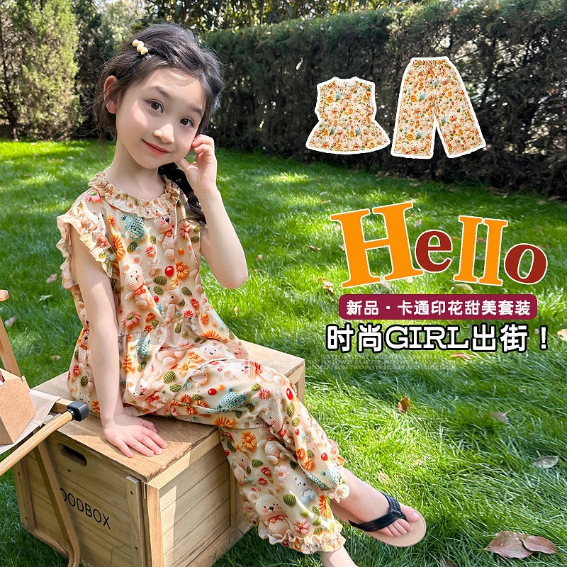 儿童夏季两件套3D印花卡通洋气木耳花边洋气上衣七分裤宽松两件套