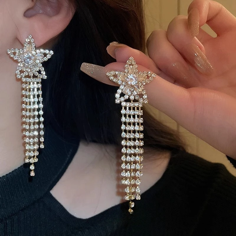 合金耳饰 轻奢闪钻五角星流苏耳环 时尚优雅气质镶钻高级感耳饰女