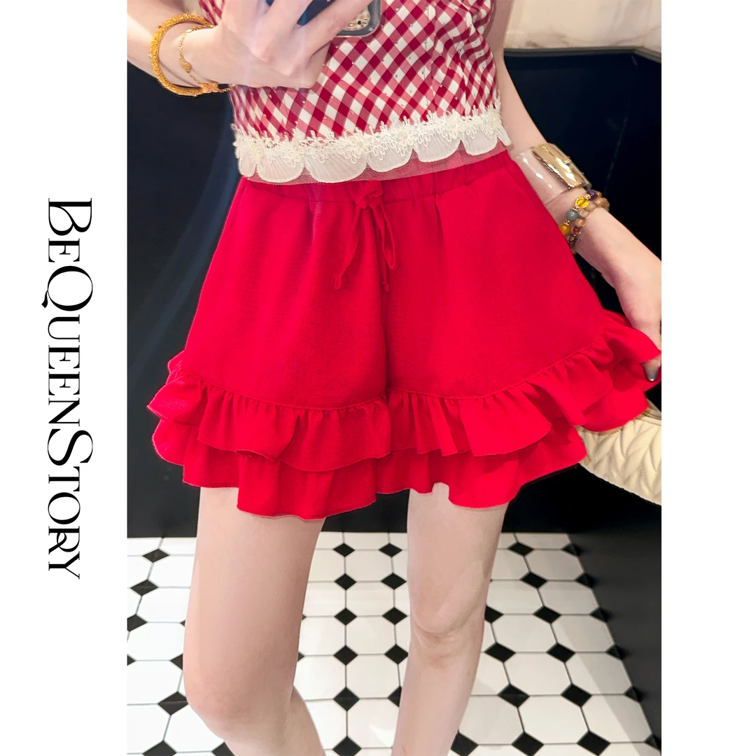 韩韩IU【热浪甜心】时尚百搭法式精致千金风双层荷叶边短裤夏季新款