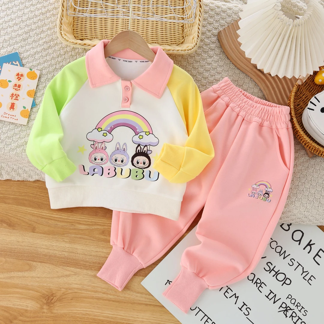 儿童秋季新款卡通印花套装女童拼色撞色鸳鸯袖卫衣长袖卫裤两件套