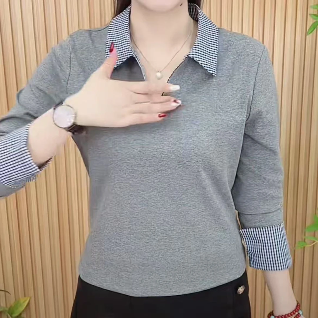 2025春季时尚洋气精致简约翻领撞色百搭宽松显瘦女士上衣小衫T恤