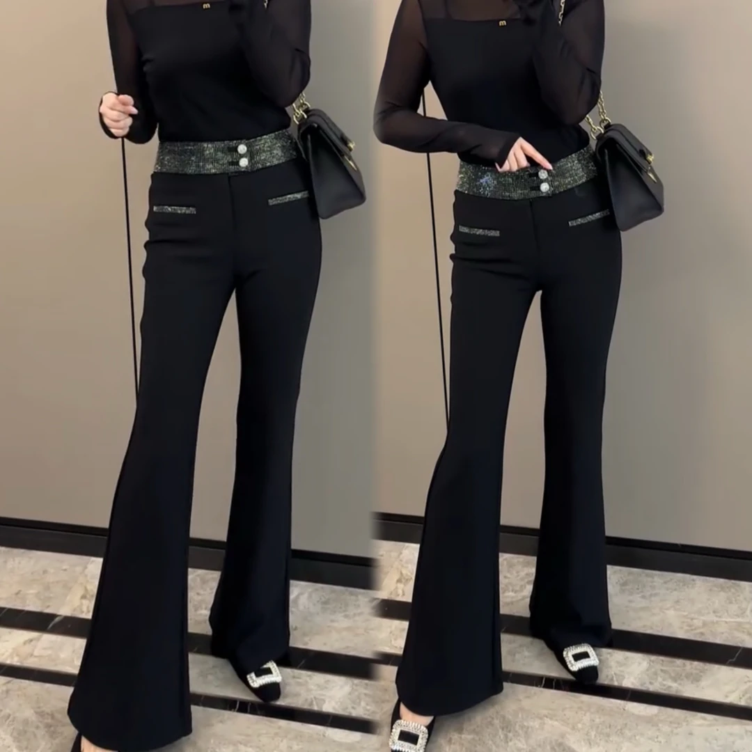 微喇叭裤女春季新款韩版重工艺高腰钻腰喇叭裤百搭显瘦小黑裤西裤