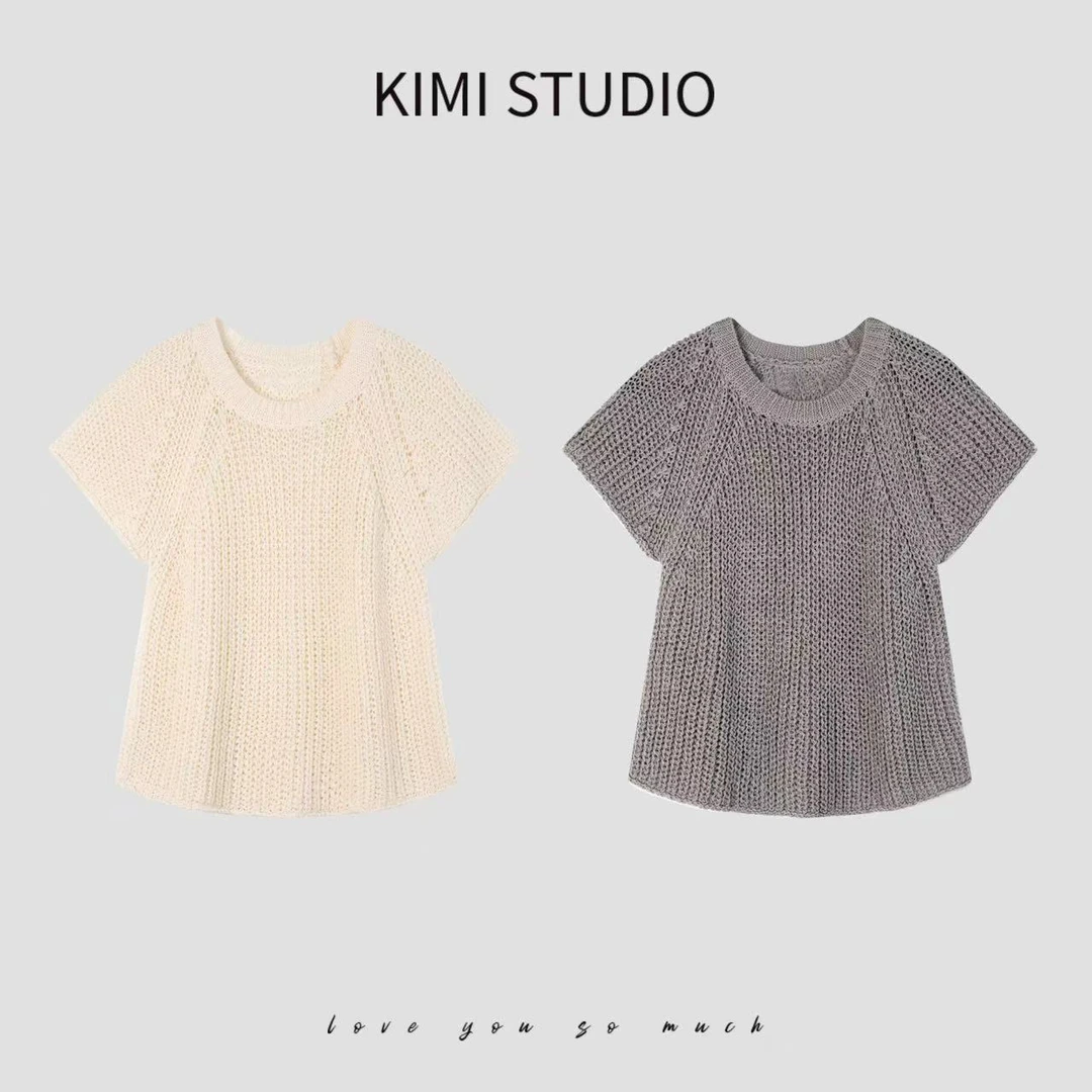 简约百搭镂空卷边kimi私服夏季干爽和纸纱插肩袖针织上衣SS251522