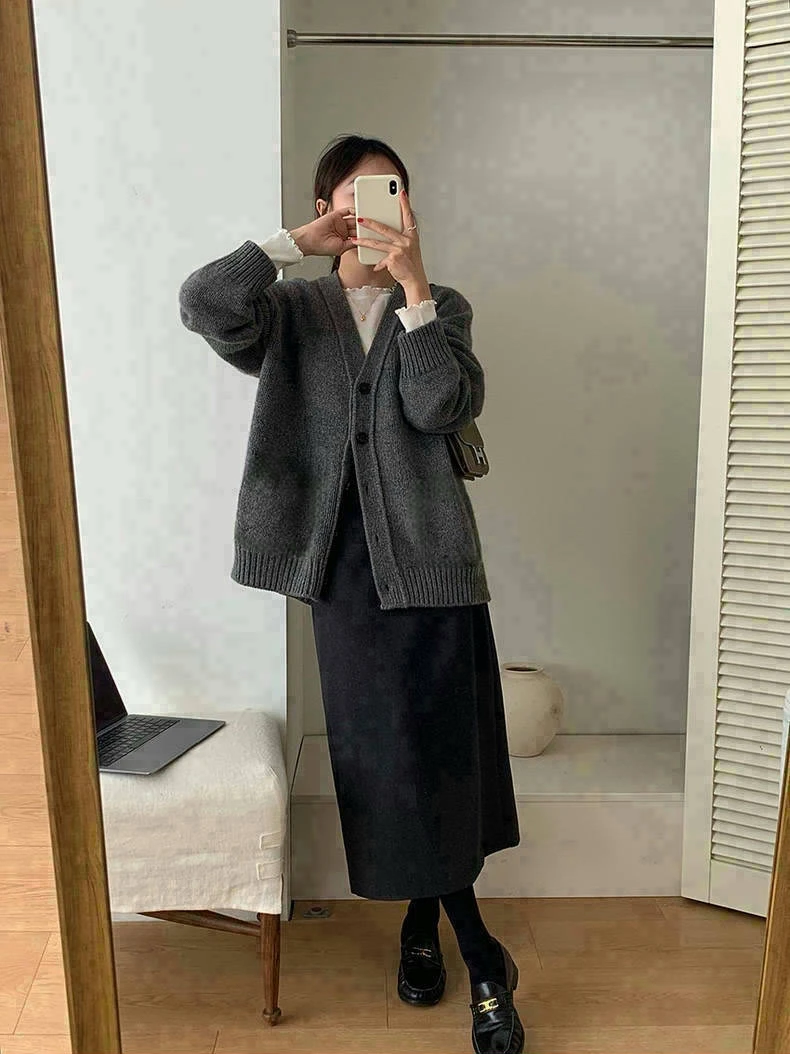 长岛松弛感 气质高级感中长慵懒大开衫秋冬显瘦加厚外套9681