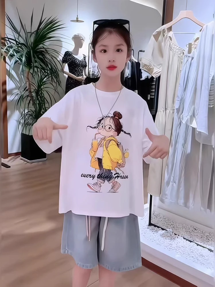 又酷又飒的女童夏装短袖T恤2024新款大童洋气时髦夏季牛仔阔腿裤