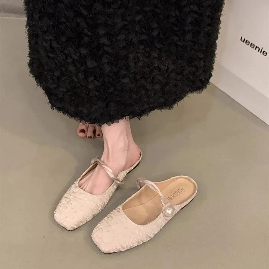 网红软底编织针织半托包头拖鞋女2025夏夏季时尚浅口无后跟懒人半