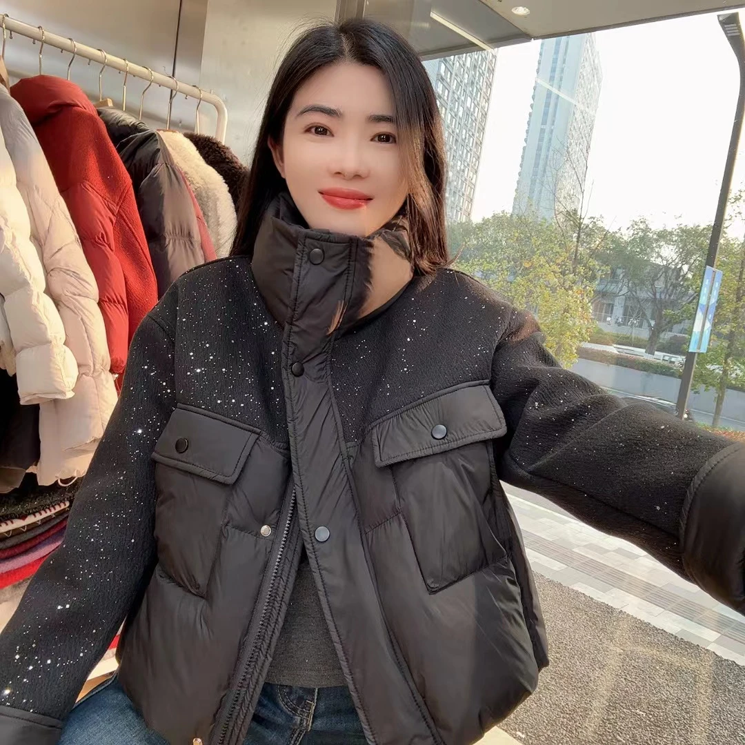 QC 242416 亮闪闪棉服重工立领拼接细闪时尚外套