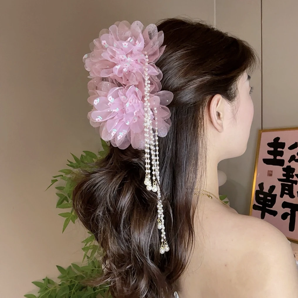 【繁星点点】韩版碎花少女心甜美珠珠流苏鲨鱼夹欧根纱仙气手工抓夹