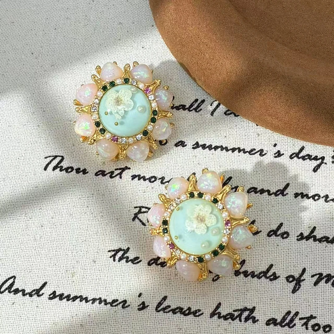 合金仿珍珠耳饰 远远（YY049）镀k金小众精致法式镶嵌彩色轻奢