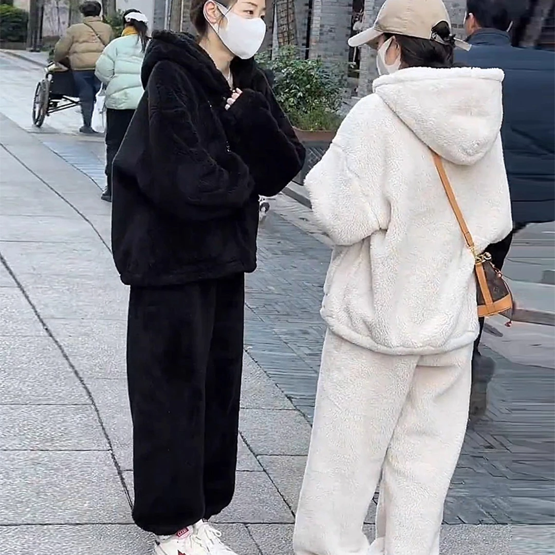 爆款毛绒绒家居服套装女冬季加厚长袖外套高腰阔腿长裤休闲两件套