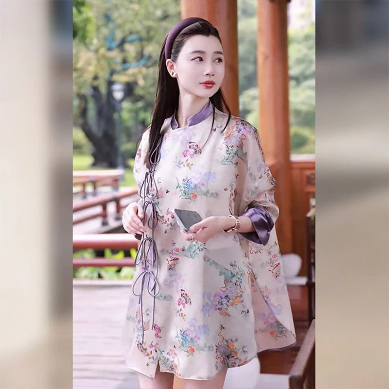 新中式上衣女2025新款爆款夏小众别致高端国风印花欧根纱防晒衬衫