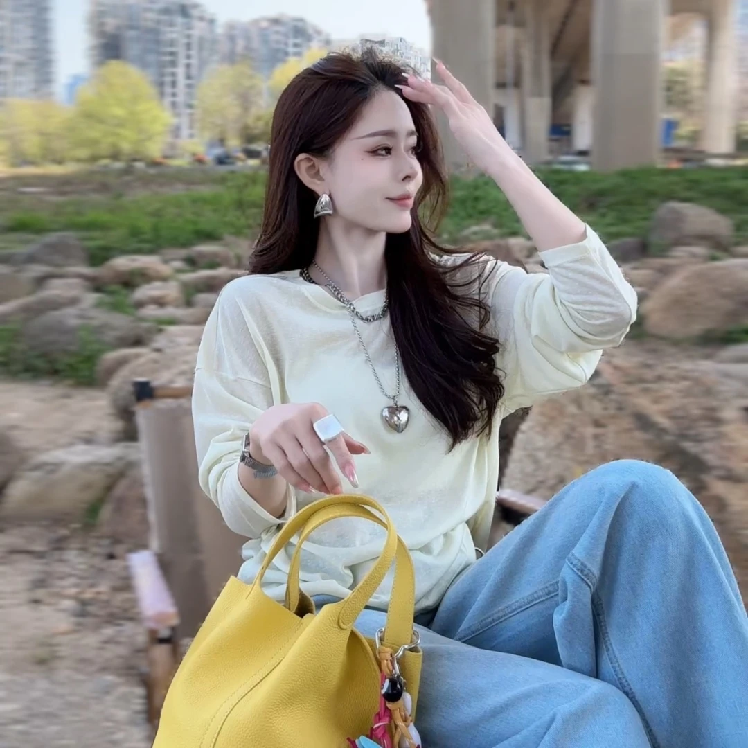 【晓溪服饰】春季新款慵懒风韩版长款ins长袖宽松常规圆领T恤6106