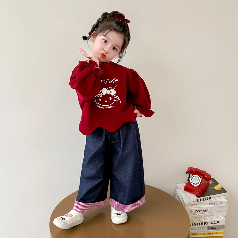 女童猫咪卫衣套装2025新款儿童秋季时尚宽松牛仔裤女孩洋气两件套