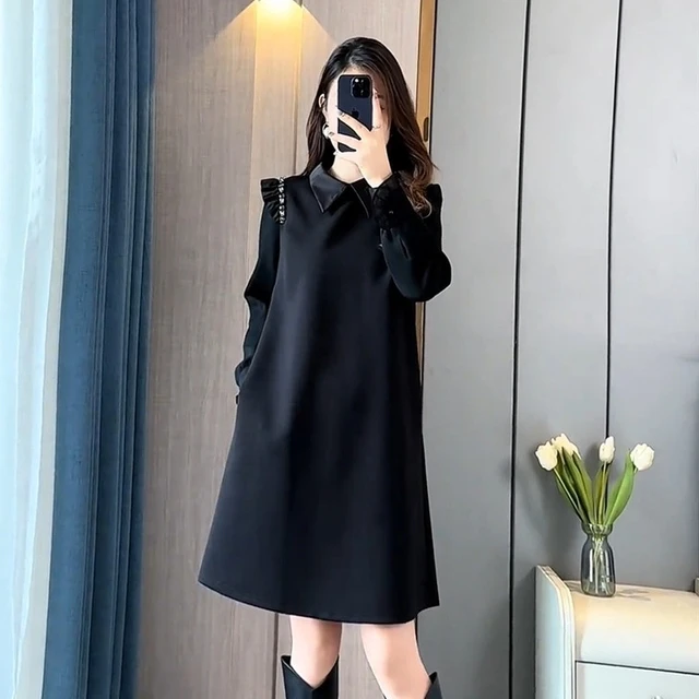 秋冬新装韩式修身设计肩飞珠中长a字女士连衣裙