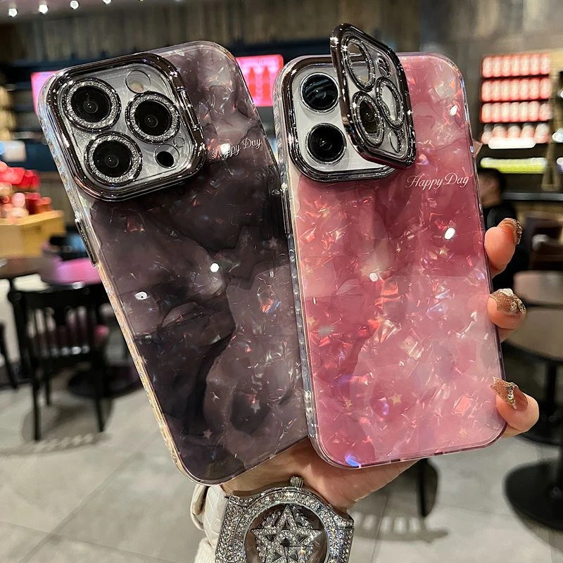 适用苹果系列iPhone16新款手机壳贝壳纹晕染粉银灰色闪粉镜头支架