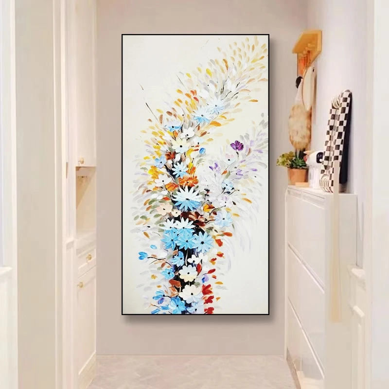 手绘大芬油画村走廊玄关装饰画竖版一路生花现代简约花卉成品挂画