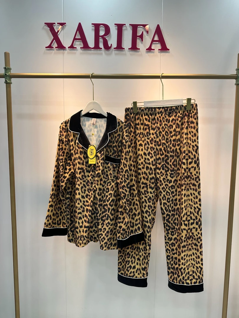 xarifa秋冬女士丝绒豹纹睡衣套装两件套家居服宽松舒适洋气106