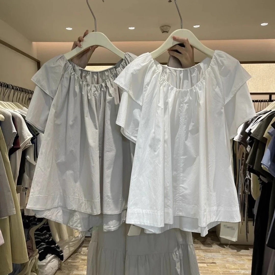 大码300斤韩版设计荷叶边衬衫女短袖夏季宽松遮肚显瘦娃娃衫衬衣