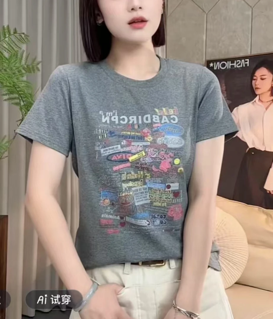 圆领短袖T恤女2025夏季款韩版时尚休闲纯色简约印花洋气百搭上衣