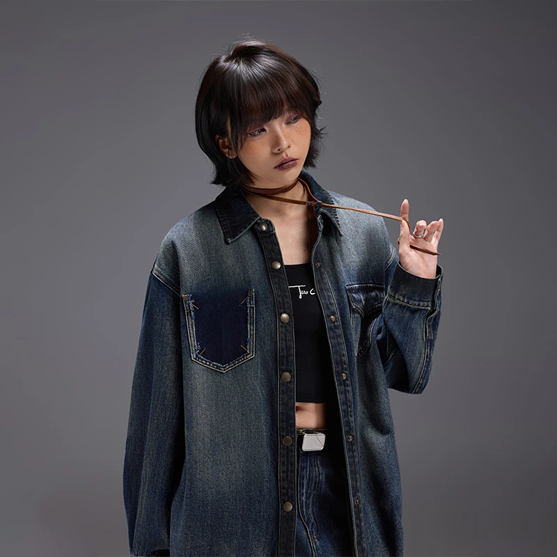 美式显瘦牛仔衬衫时尚长袖秋季百搭女装Q52296