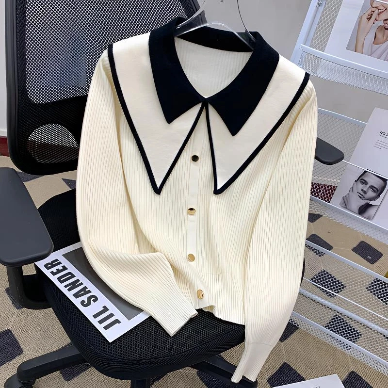 娃娃领打底衫女春秋高级感内搭小香风撞色显瘦减龄感翻领针织衫