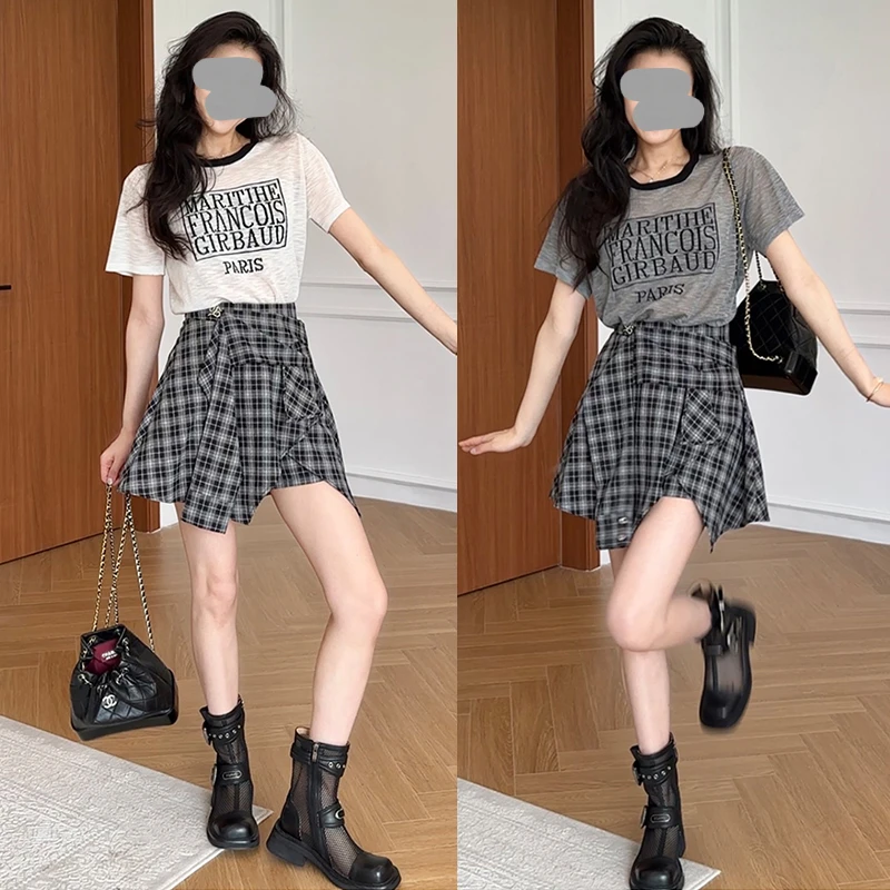 美式复古格子拼接短袖T恤女夏季新款设计感小众假两件半身裙套装