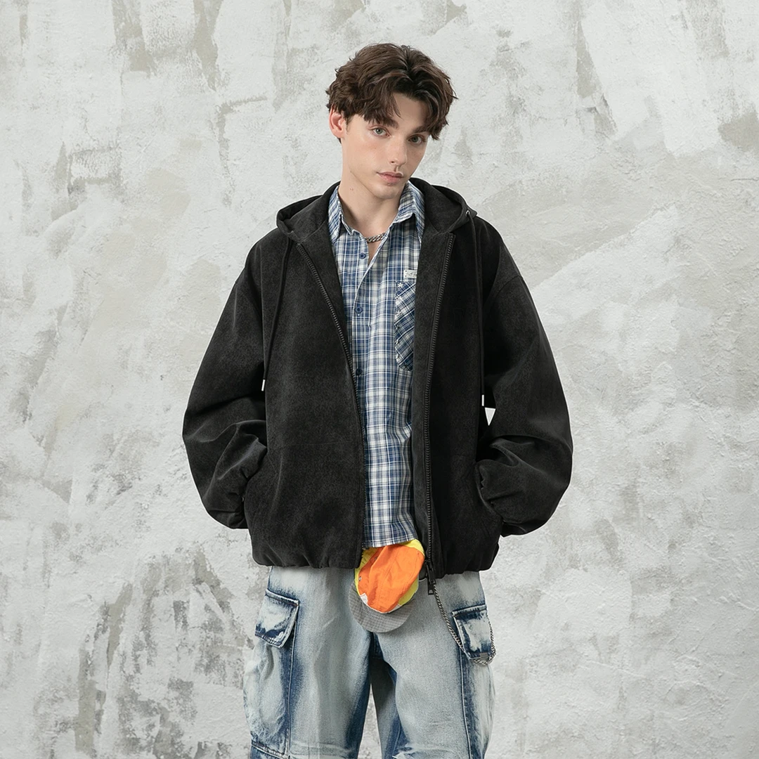 MONOLOGE情侣款连帽皮外套复古百搭短款款上衣简约机车街头夹克