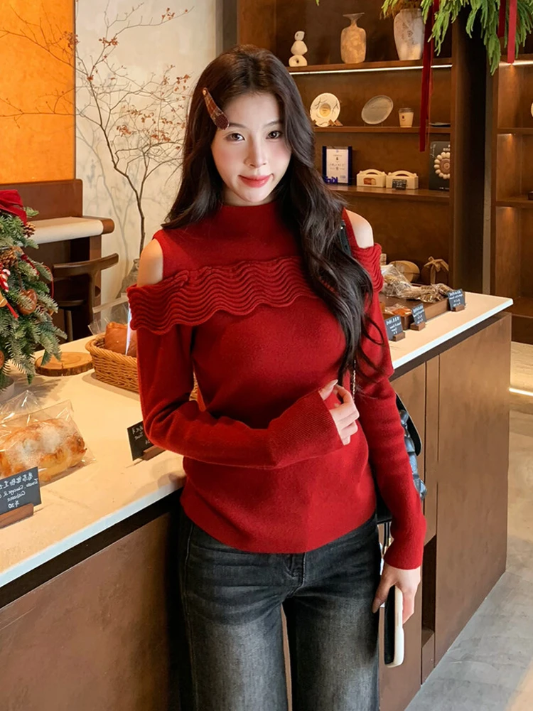 半高领荷叶边长袖针织衫女修身设计感小众打底衫露肩上衣I8-20