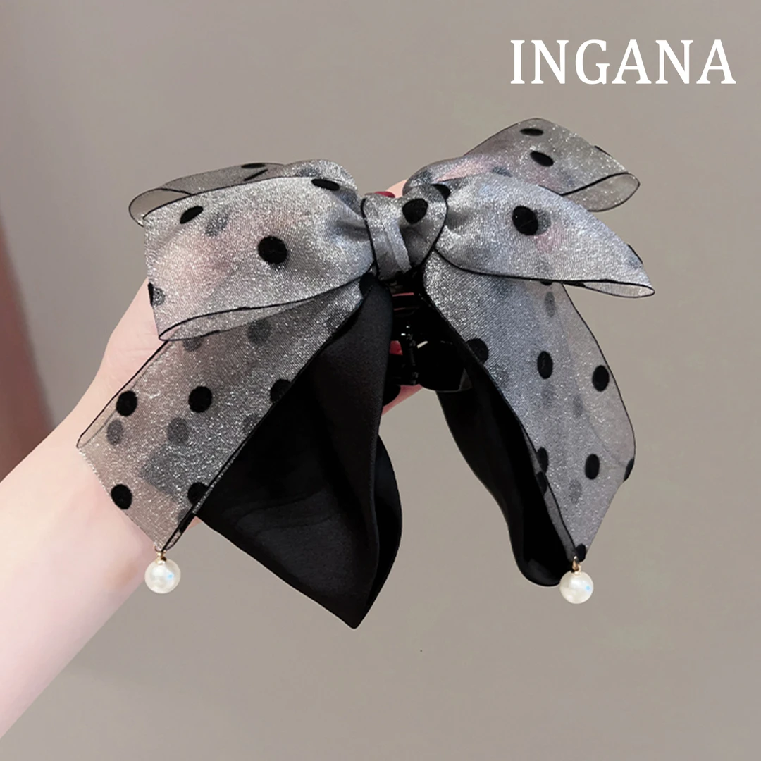 韩系高级感网纱波点灰色蝴蝶结马尾抓夹女百搭精致后脑勺发夹发卡