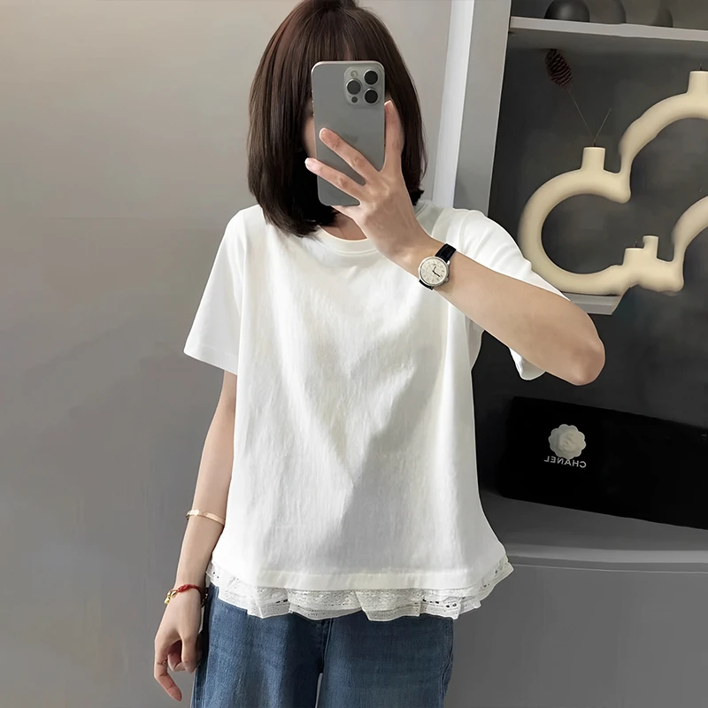蕾丝花边白色短袖T恤女新款夏季宽松正肩设计感高级感上衣