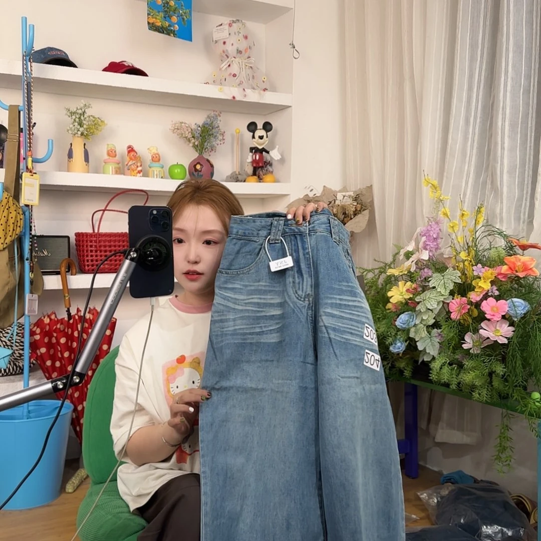 猫须阔腿牛仔长裤L 205