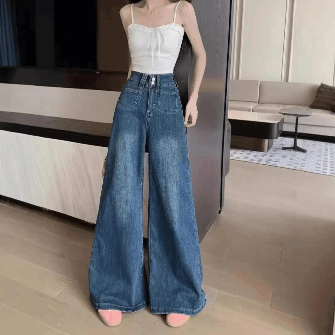 复古蓝色微喇牛仔裤女2025春秋新款梨形身材显瘦不贴腿显瘦直筒裤