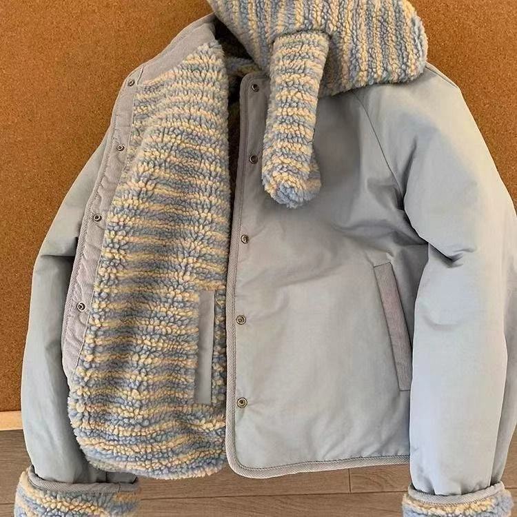 韩系休闲棉服两面穿外套女短款配ins冬季新款学生棉衣加绒厚外套