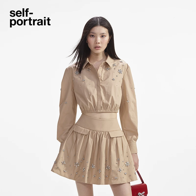 self-portrait 流光风卡其色甜美翻领钻饰泡泡袖衬衫