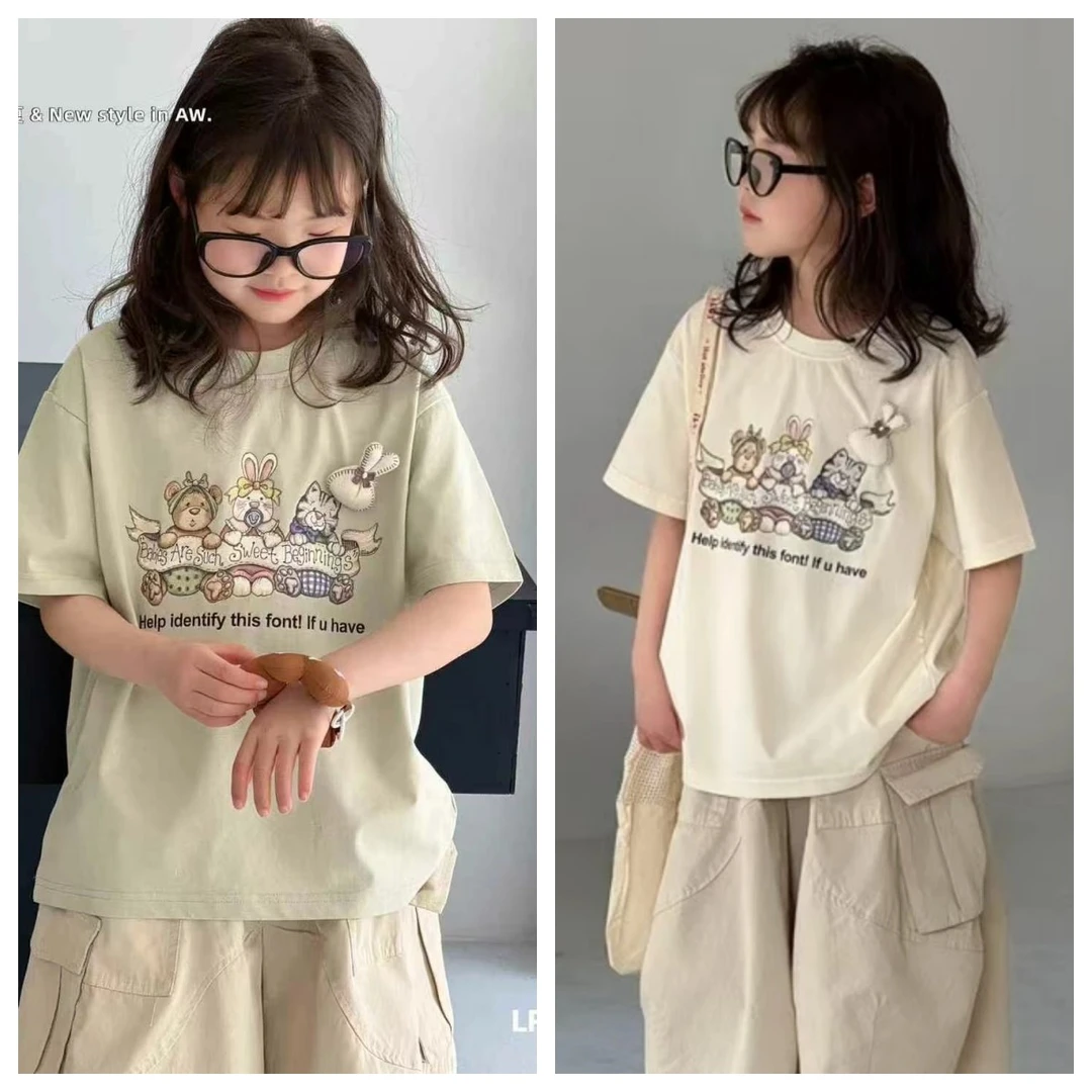 大E小e女童短袖T恤夏季洋气印花上衣半袖休闲宽松时尚潮流2025夏