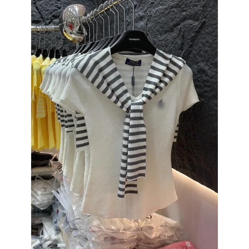 2025年夏季新款韩系气质小马刺绣V领短袖针织t恤披肩上衣两件套女