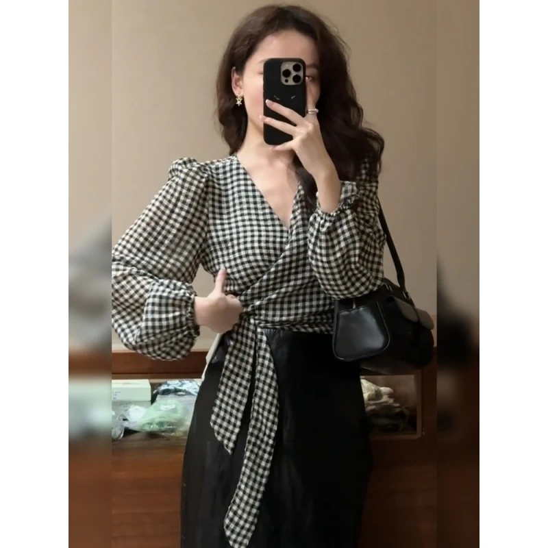 韩系chic别致上衣设计感小众时尚复古黑色格纹系带长袖衬衫女早秋