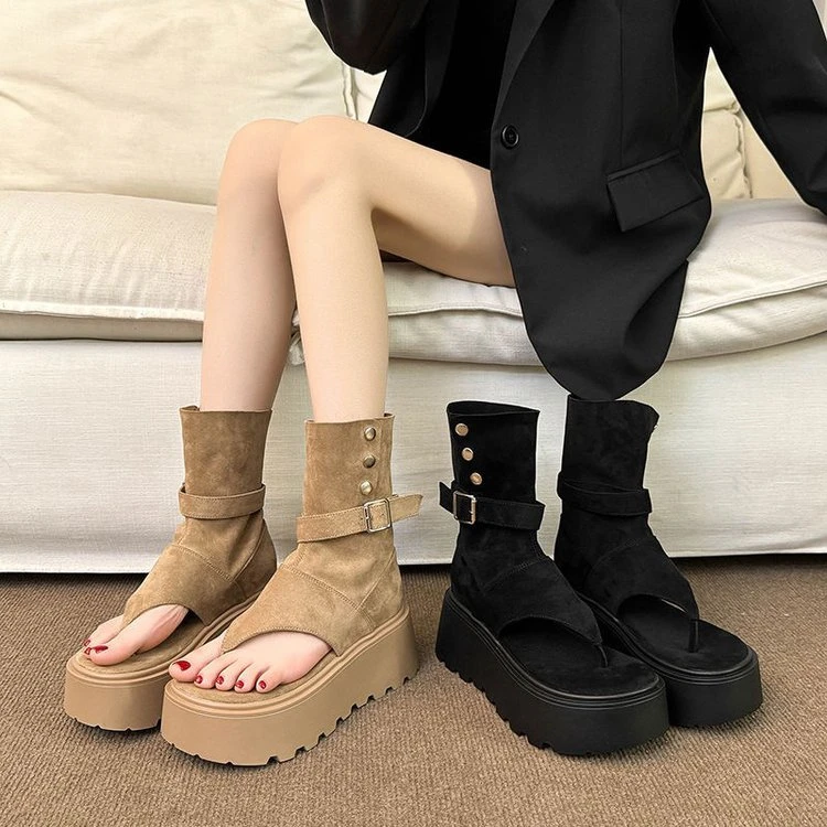 露趾凉靴皮带扣厚底松糕小个子马丁靴机车靴辣妹玛丽珍鞋女096