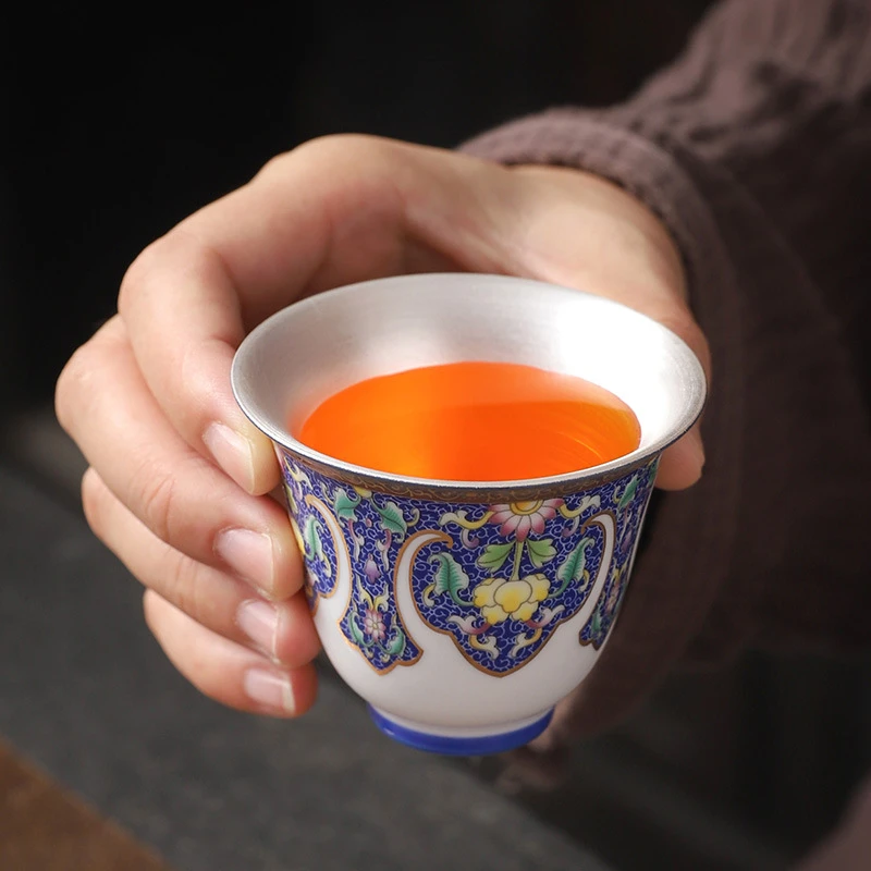 珐琅彩杯子999鎏银茶杯茶碗陶瓷功夫茶具内胆鎏银杯主人杯品茗杯